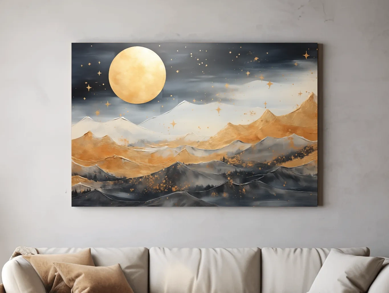 Golden Moonlit Abstract Mountain Landscape - Modern Watercolor Wall Art