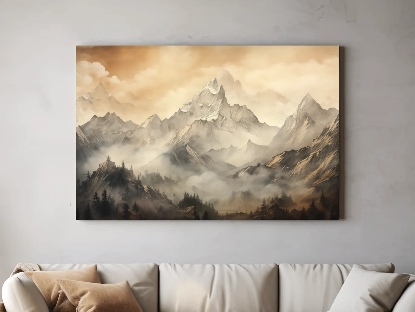 Moody Sepia Misty Mountain Peaks - Atmospheric Alpine Landscape Painting Wall Art