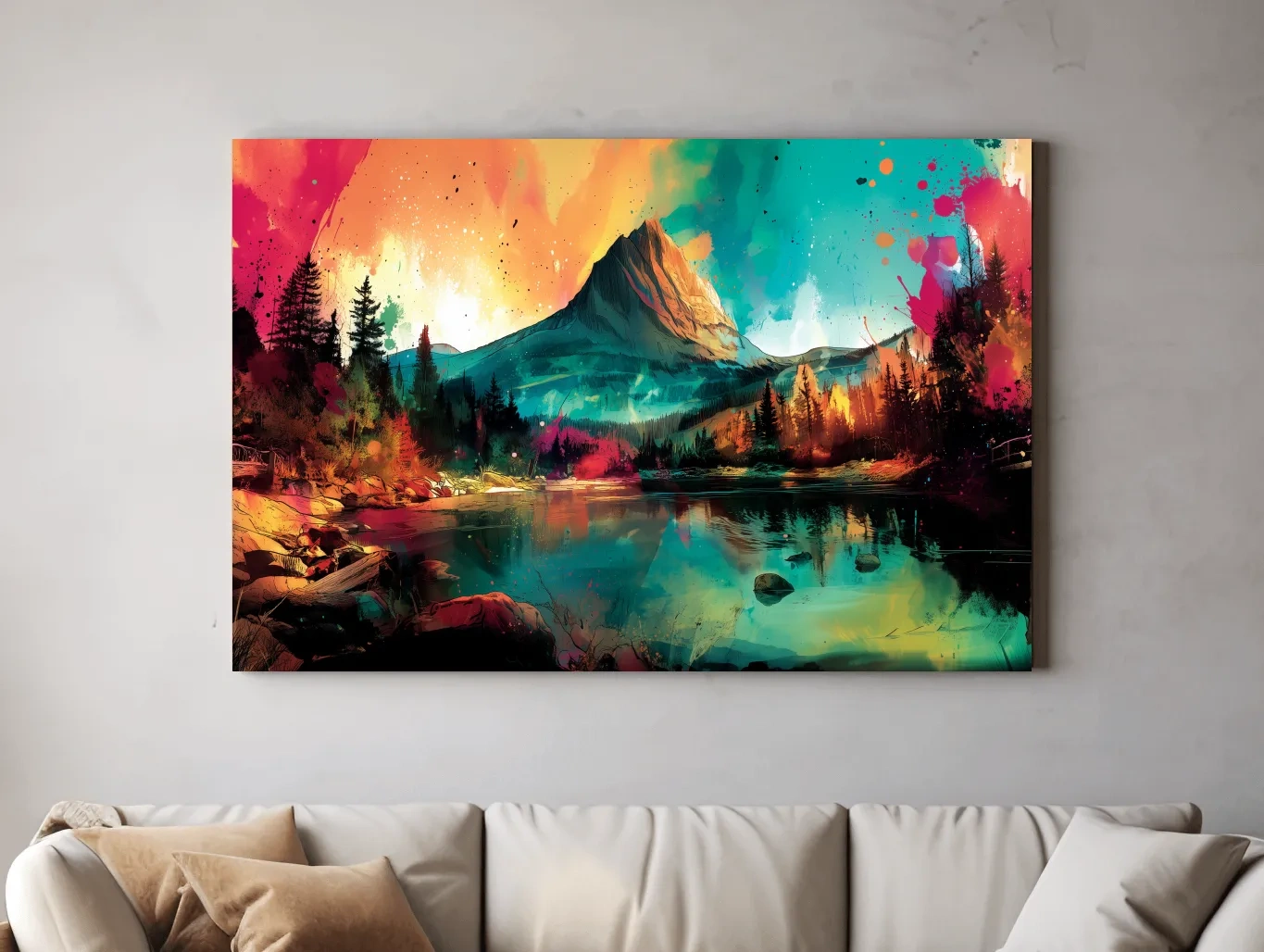 Vibrant Abstract Alpine Mountain Sunrise - Colorful Watercolor Style Artwork