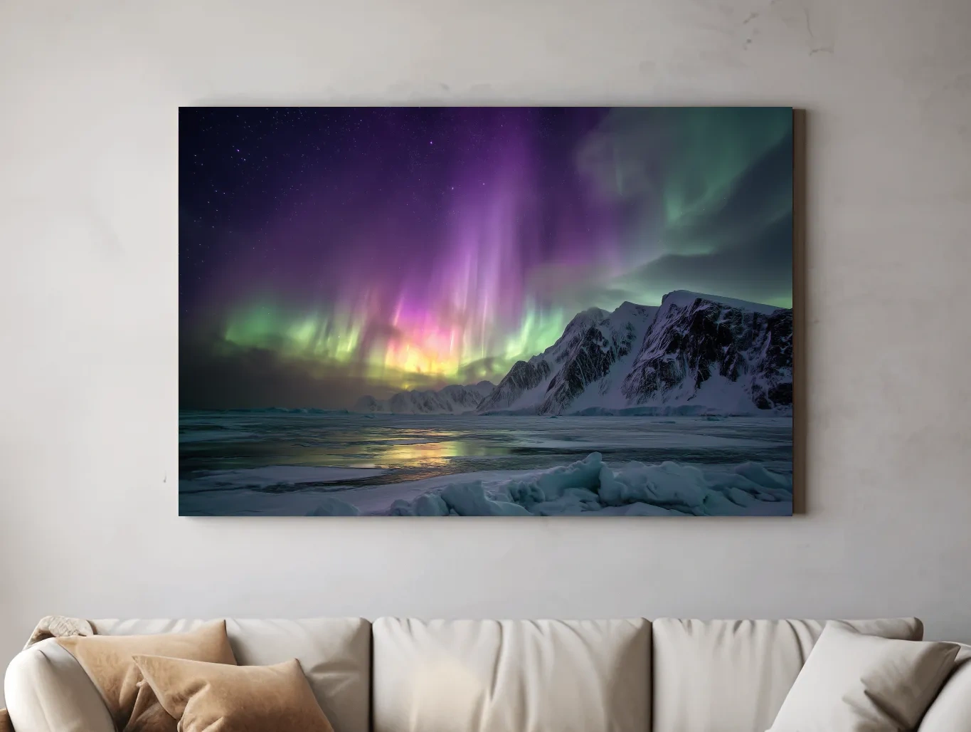 Vibrant Northern Lights Over Snowy Mountains - Aurora Borealis Photographic Night Sky Wall Art