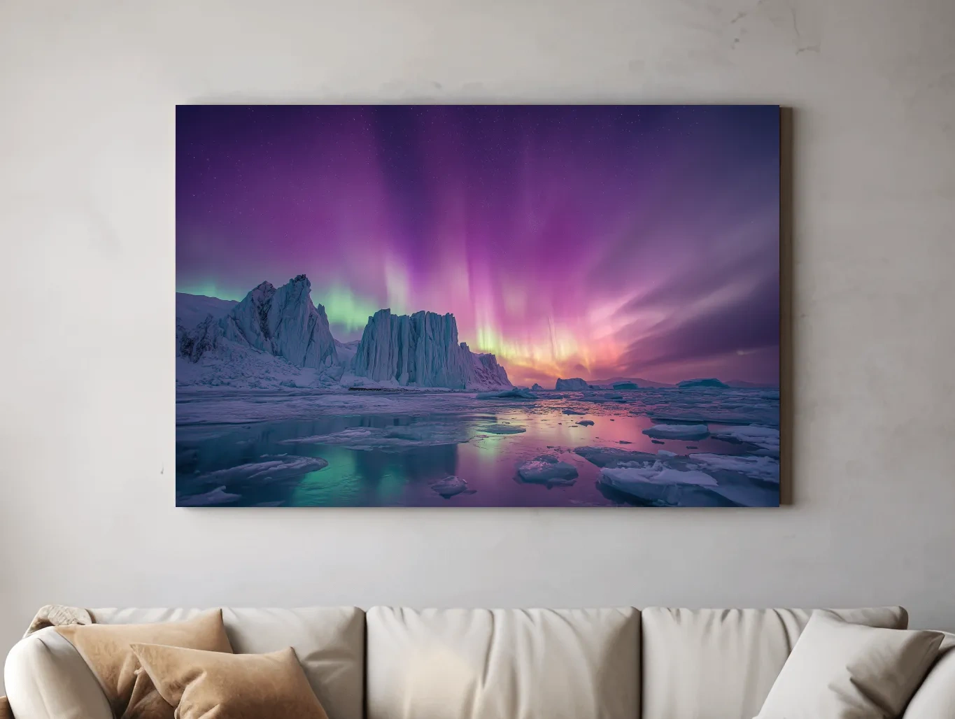 Vibrant Purple Northern Lights Over Arctic Icebergs - Aurora Borealis Landscape Wall Art