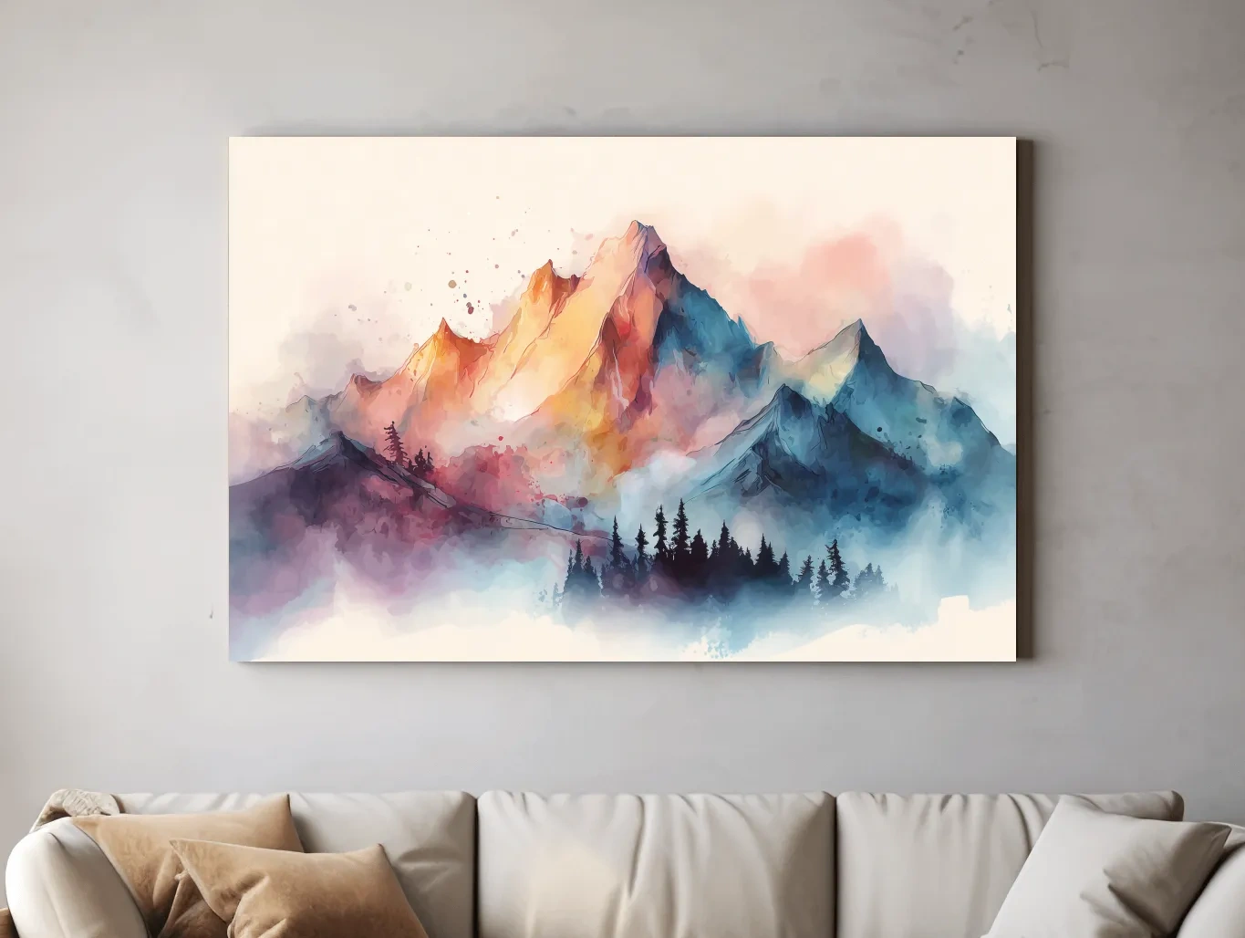 Vibrant Watercolor Mountain Peaks - Colorful Misty Alpine Forest Wall Art