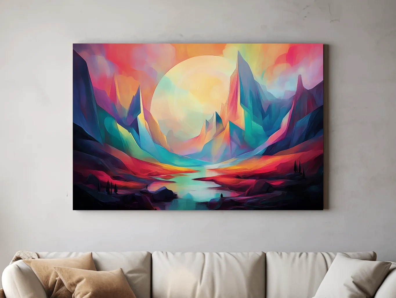 Vibrant Abstract Mountain Valley Sunset - Colorful Surreal Landscape Wall Art