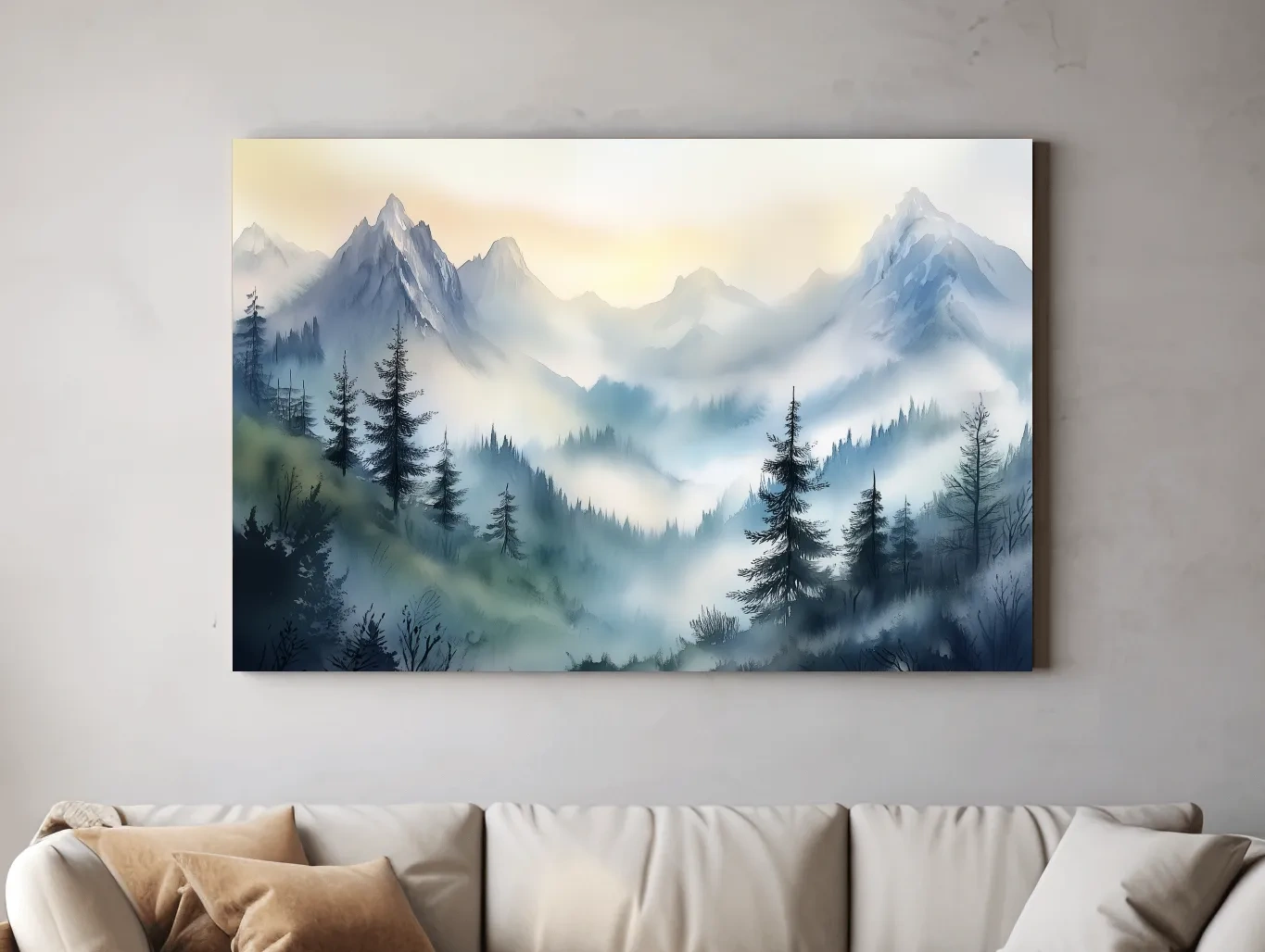 Chinese Ink Wash Watercolor Mountain Peaks - Foggy Alpine Wall Art
