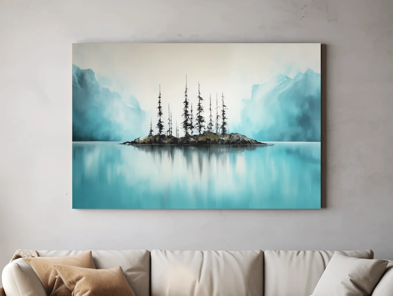 Misty Turquoise Mountain Lake Reflection - Minimalist Watercolor Landscape Wall Art