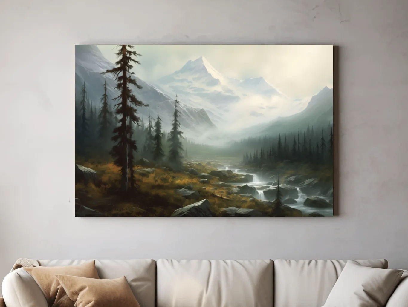 Misty Alpine Mountain Valley Painting - Foggy Evergreen Forest Wall Art
