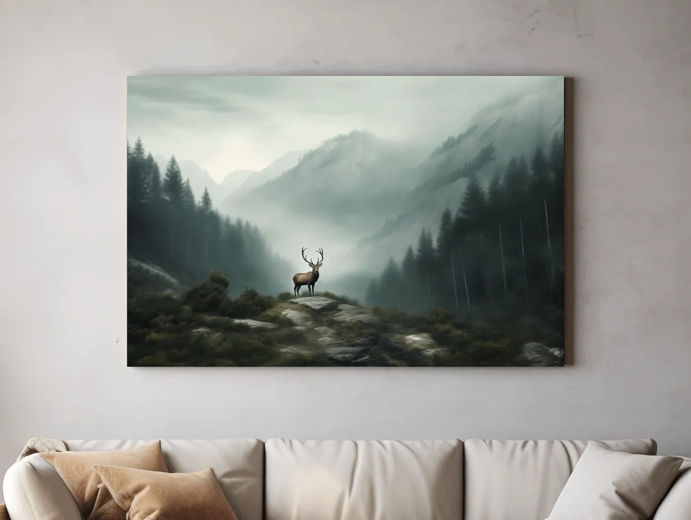Moody Misty Mountain Deer Landscape - Atmospheric Forest Wildlife Wall Art