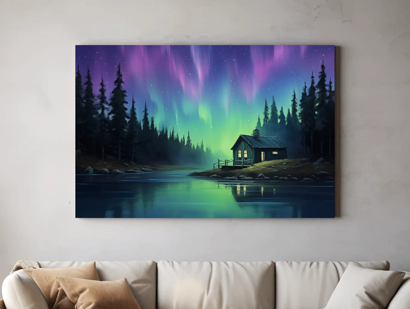 Northern Lights Over Lakeside Cabin Painting - Aurora Borealis Night Wall Art