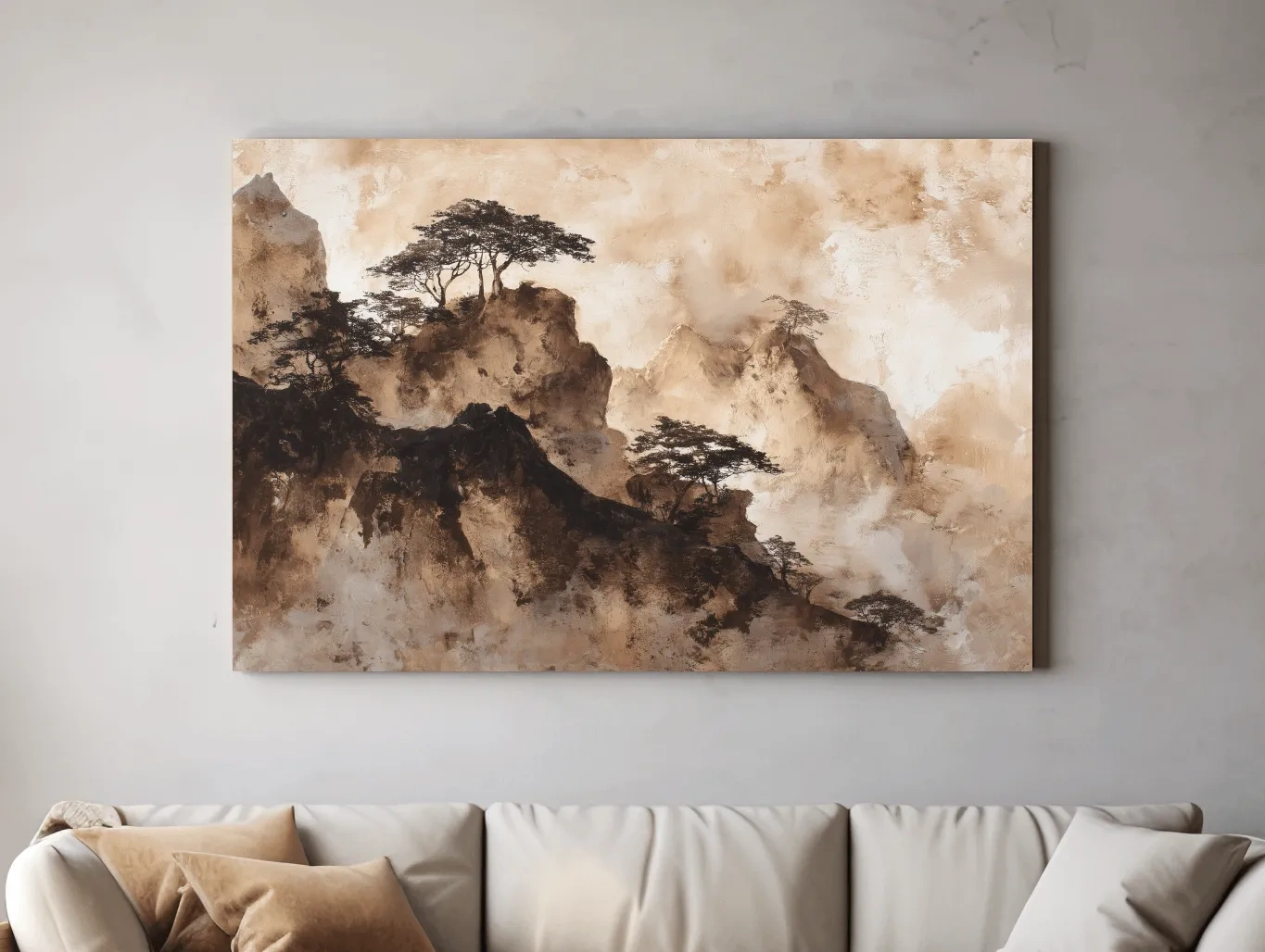 Sepia Japandi Mountain Ridge Painting - Atmospheric Ink Wash Art
