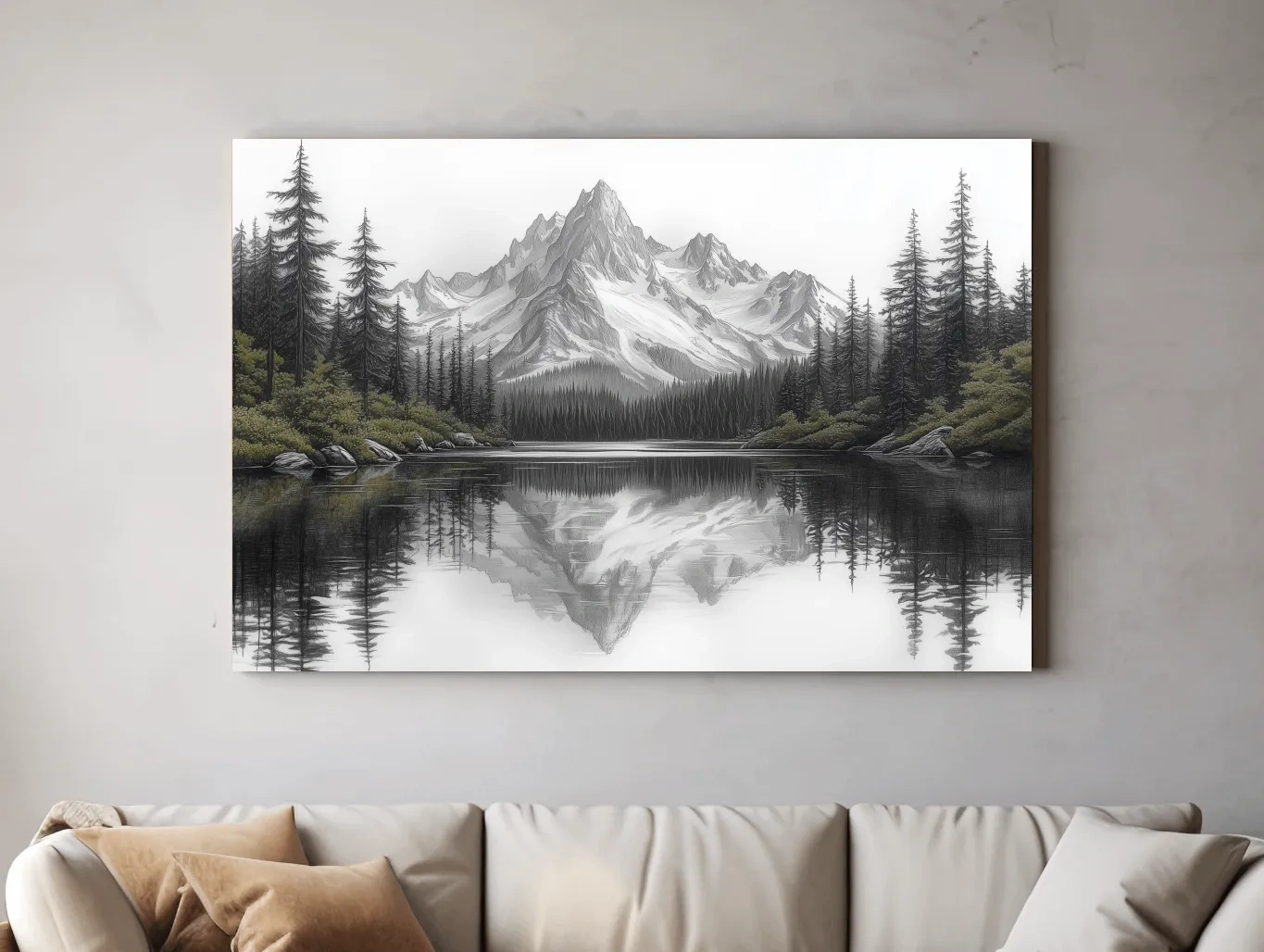 Monochrome Alpine Mountain Lake Reflection Sketch Artwork - Minimalist Forest Landscape Wall Art