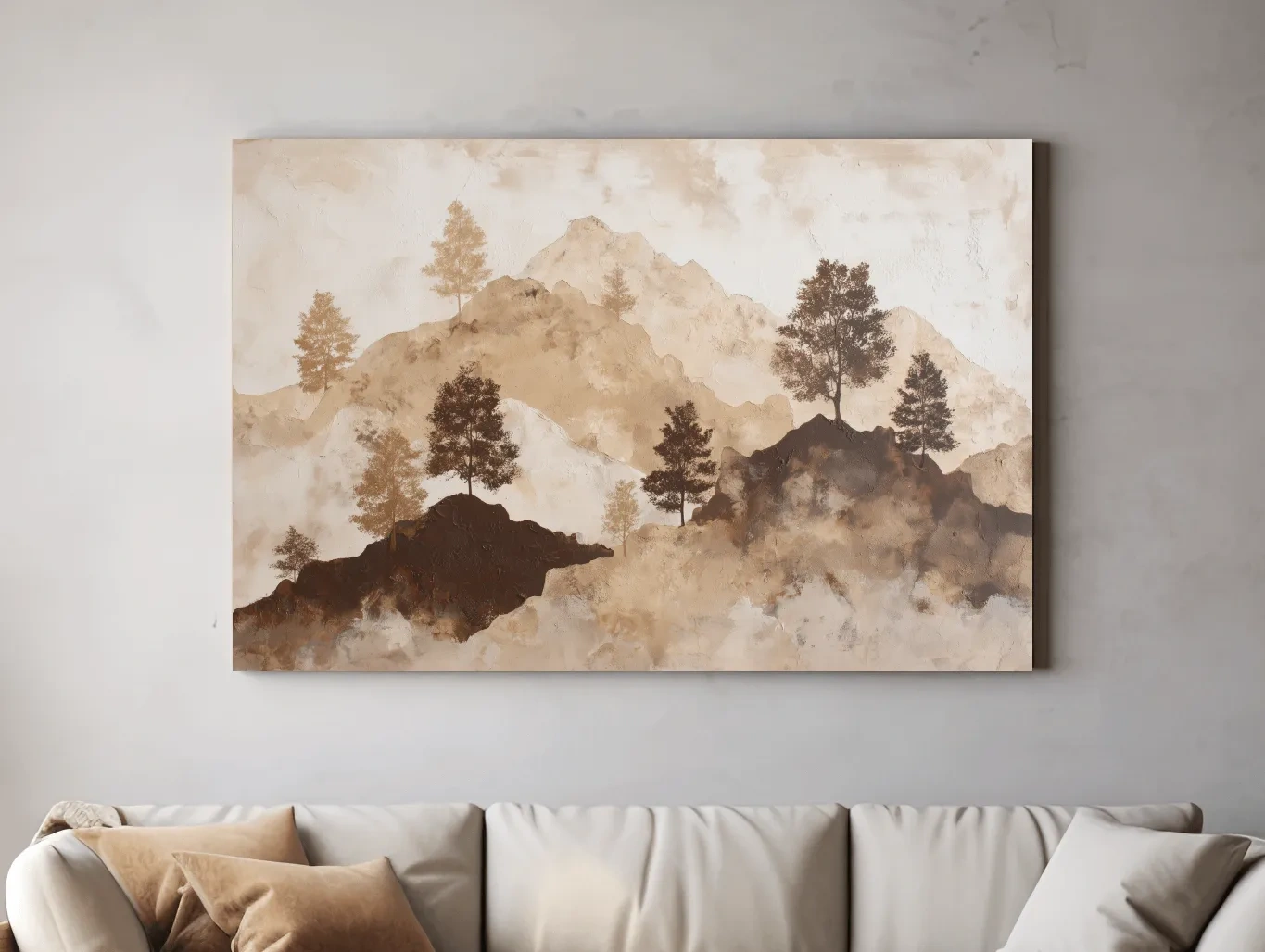 Wabi-Sabi Mountain Tree Silhouettes Painting - Minimalist Landscape Wall Art
