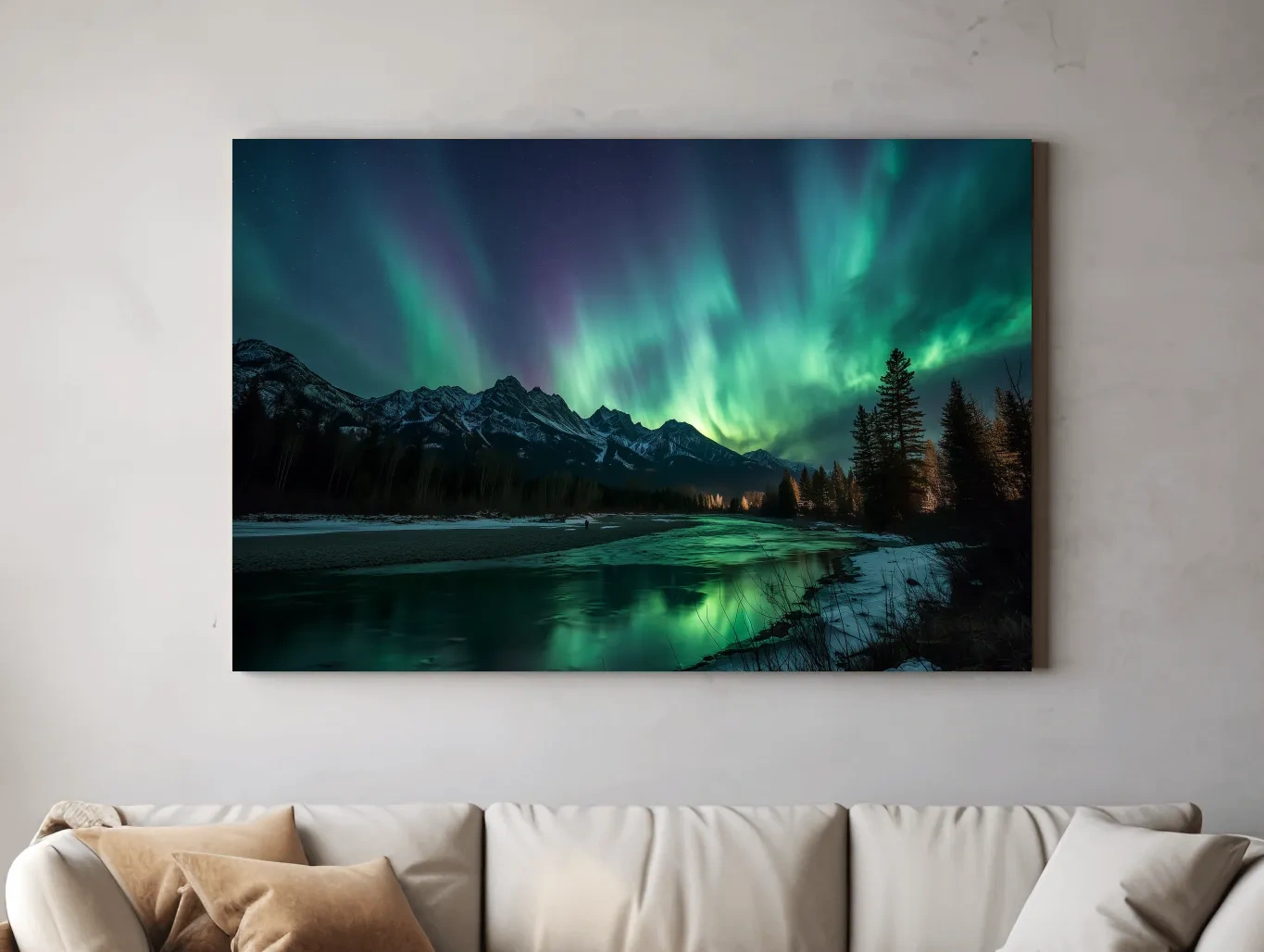 Vibrant Green Northern Lights Over Frozen Lake - Aurora Borealis Landscape Wall Art
