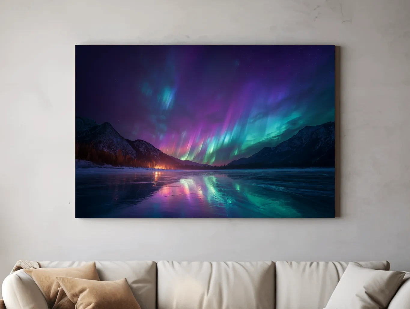 Vibrant Aurora Borealis Over Frozen Lake - Northern Lights Mountain Wall Art