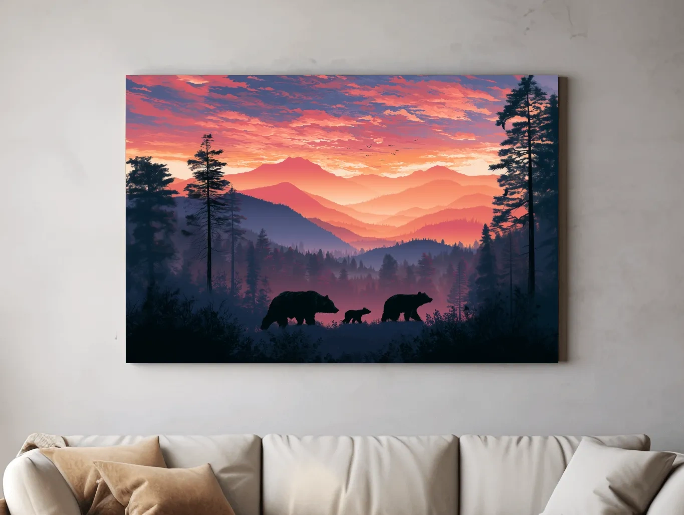 Moody Sunset Mountain Bear Family Silhouettes - Wildlife Wall Art