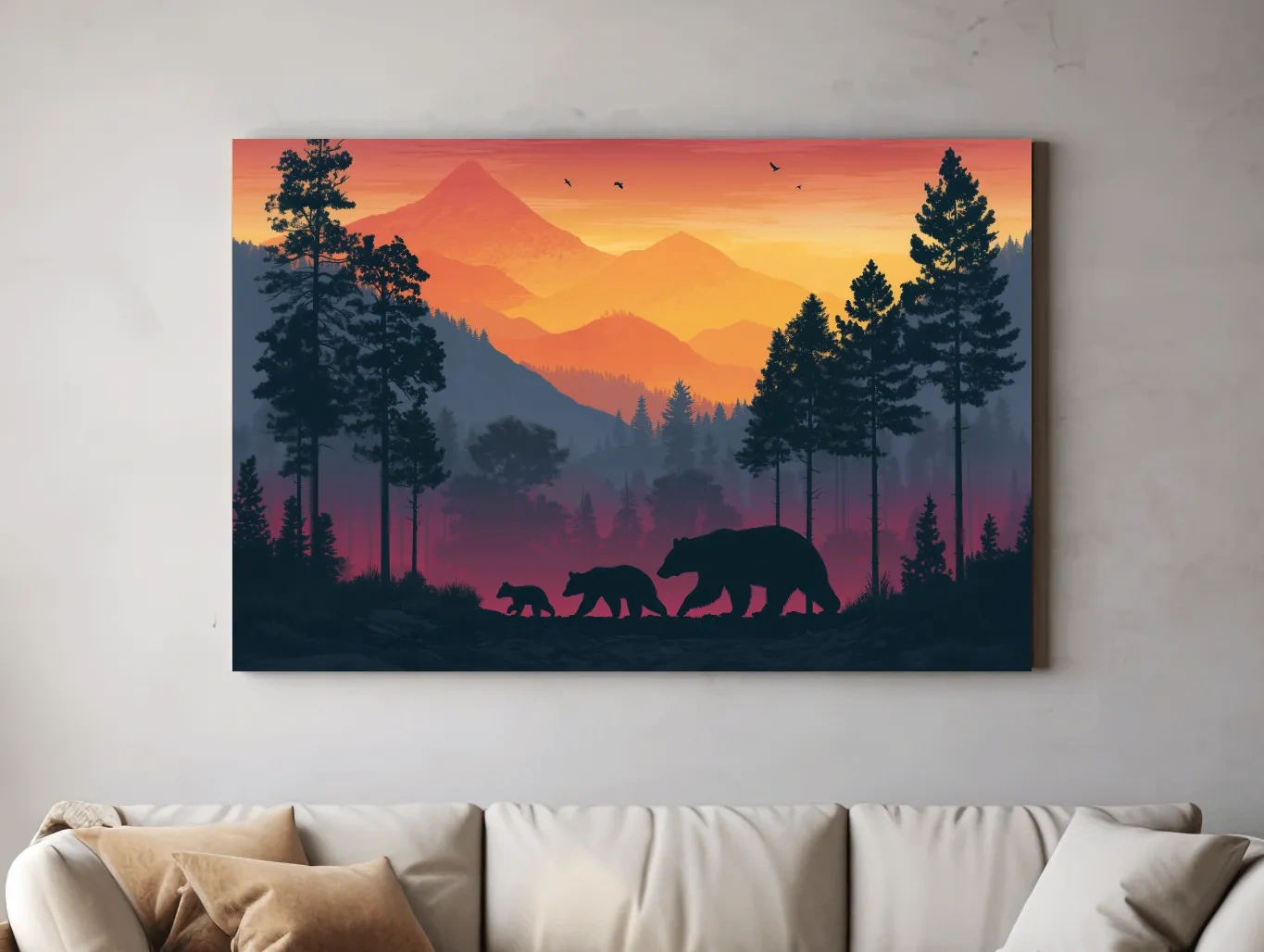 Sunset Momma Bear & Cubs Silhouette - Forest Wildlife Wall Art