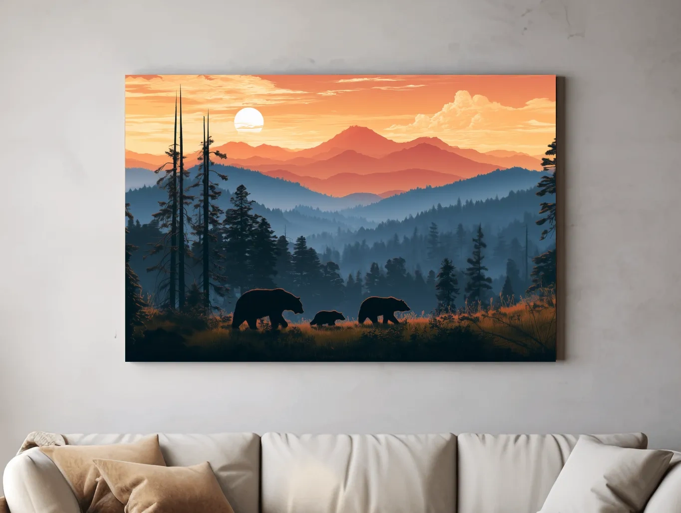 Bear Family Silhouettes - Mountain Sunset Wildlife Wall Art