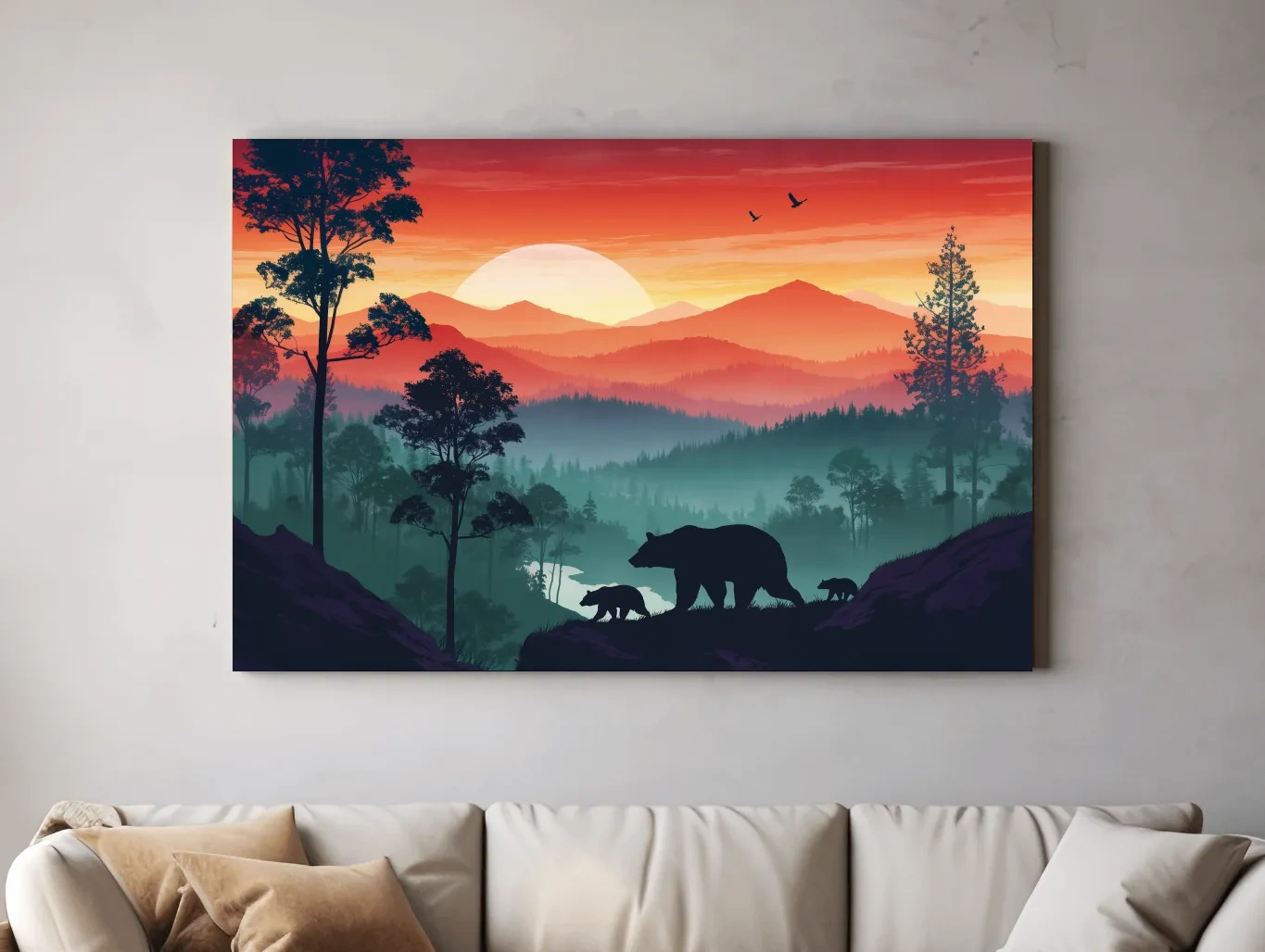Sunset Mama Bear & Cubs Silhouette - Misty Forest Landscape Artwork