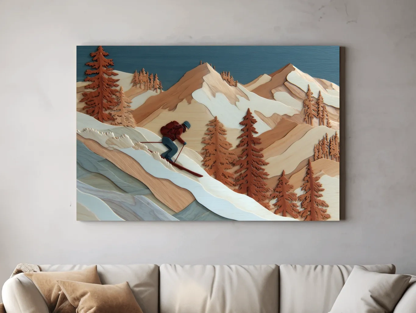Wood Intarsia Style Skier Mountain Scene - Winter Alpine Wall Art