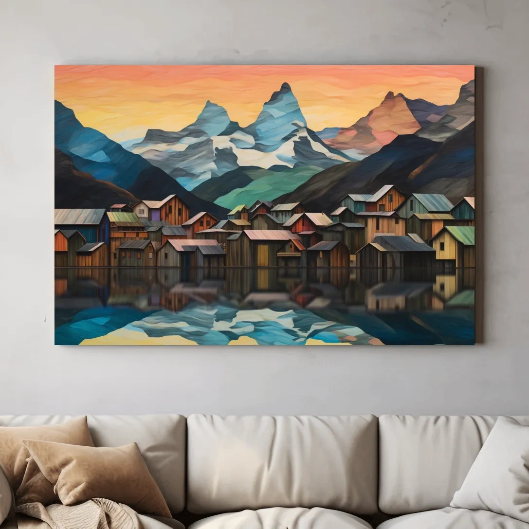 Alpine Mountain Village Reflections - Colorful Paper Cut Style Wall Art