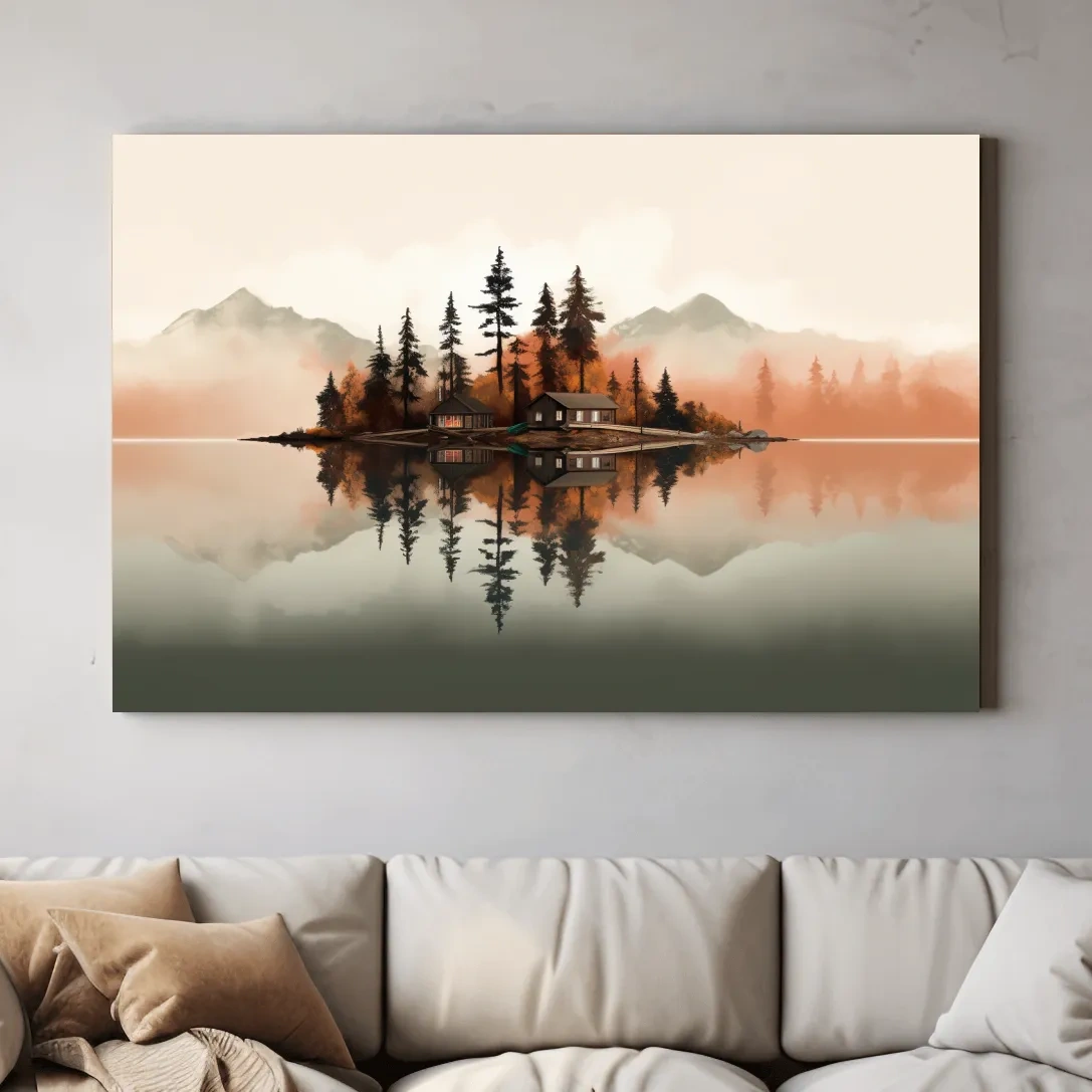 Minimalist art, lakeside cabin amongst the trees