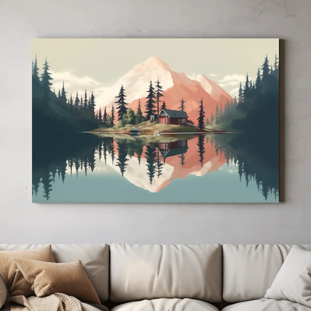 Serene Alpine Lake Cabin Artwork - Minimalist Mountain Landscape Wall Art
