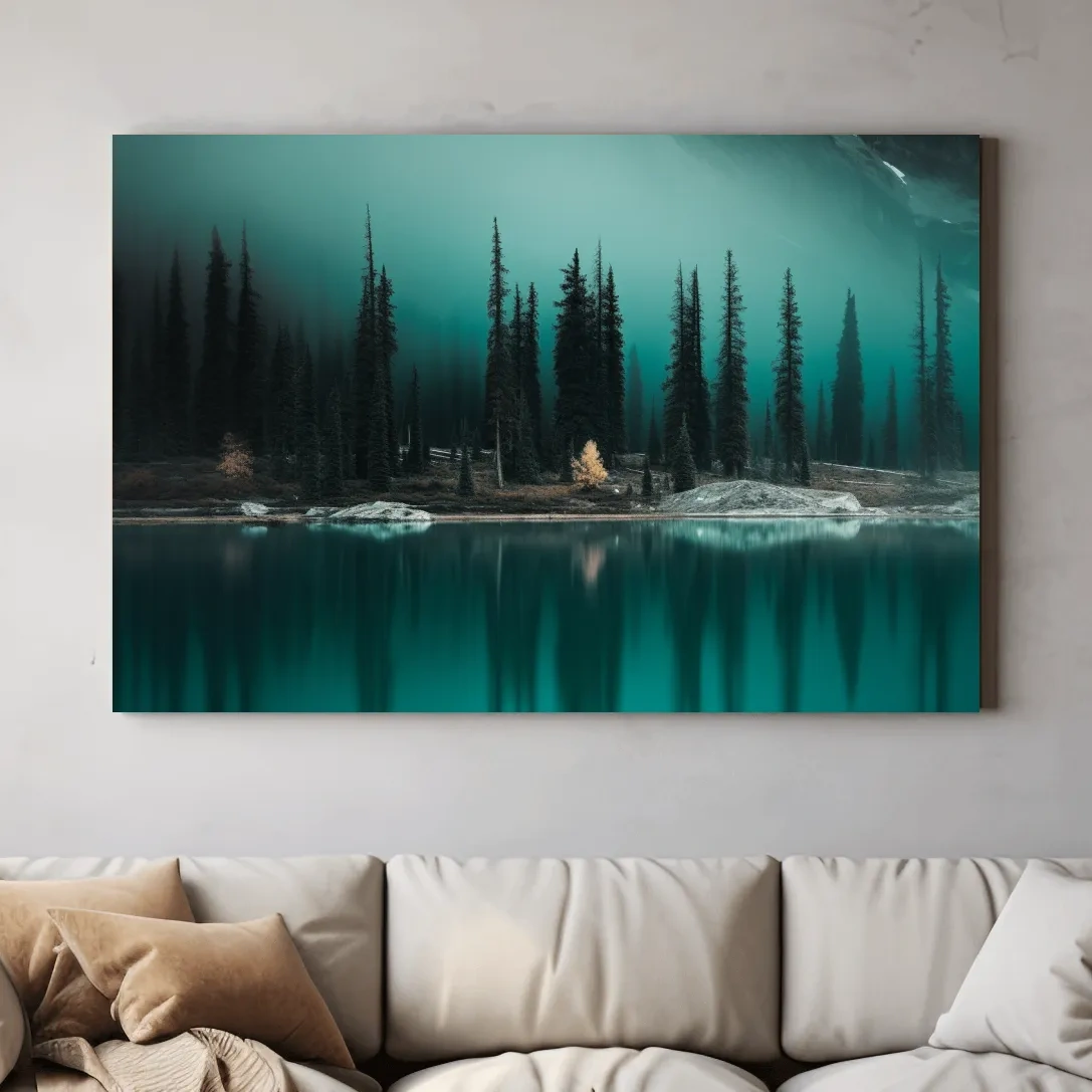 Trees on a turquoise alpine lake, mountain painting