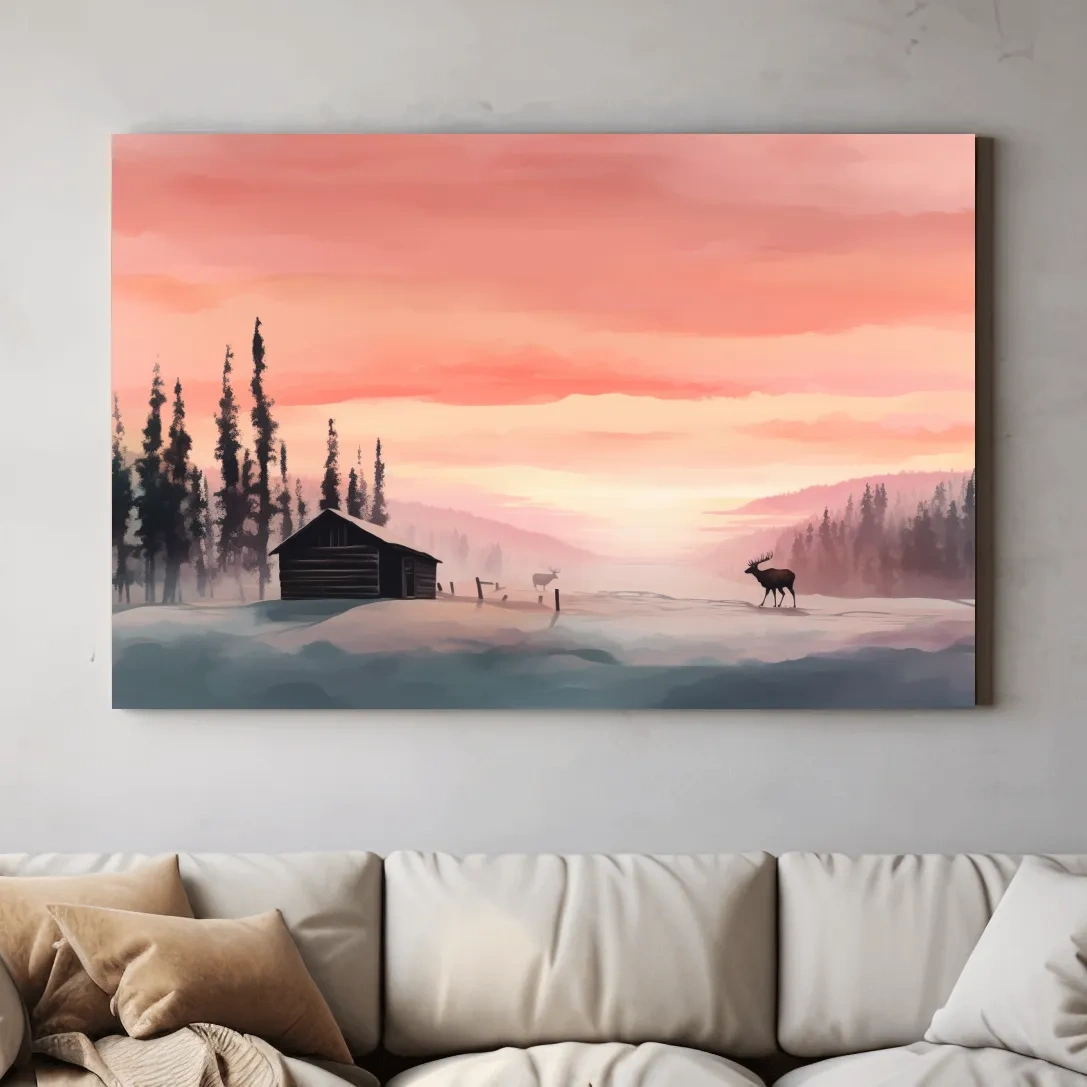 Sunset mountain scene, deer in the snow