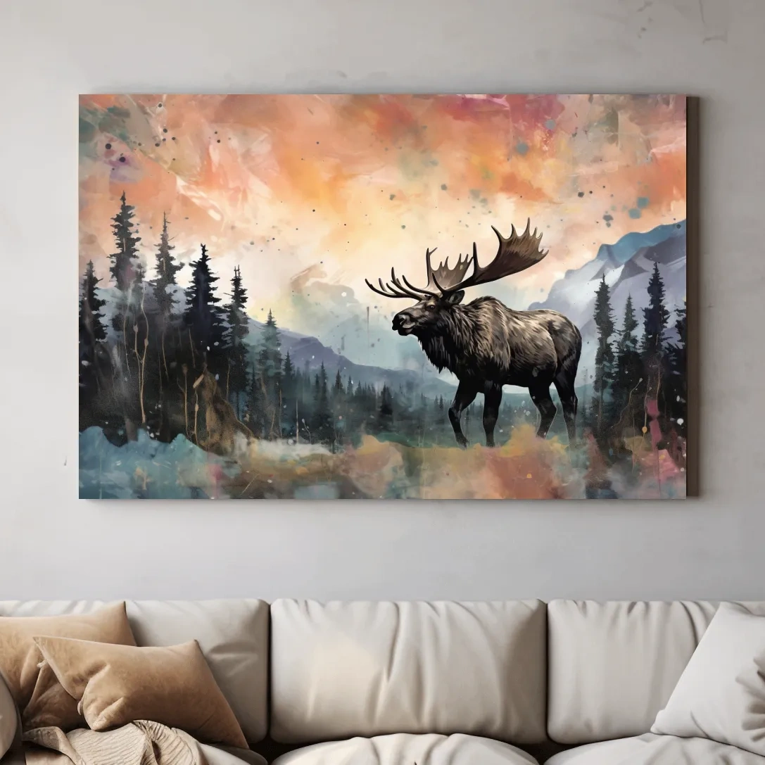 Watercolor Moose In Misty Mountain Forest - Rustic Wildlife Wall Art