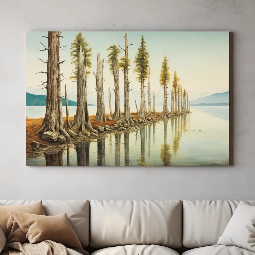 Painting of a line of trees beside a lake and mountains