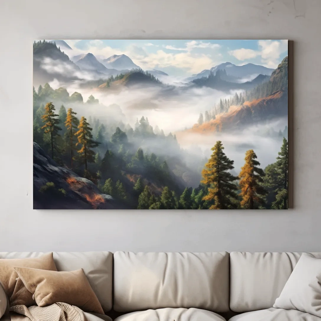 Painting of fog rolling through the trees and mountains