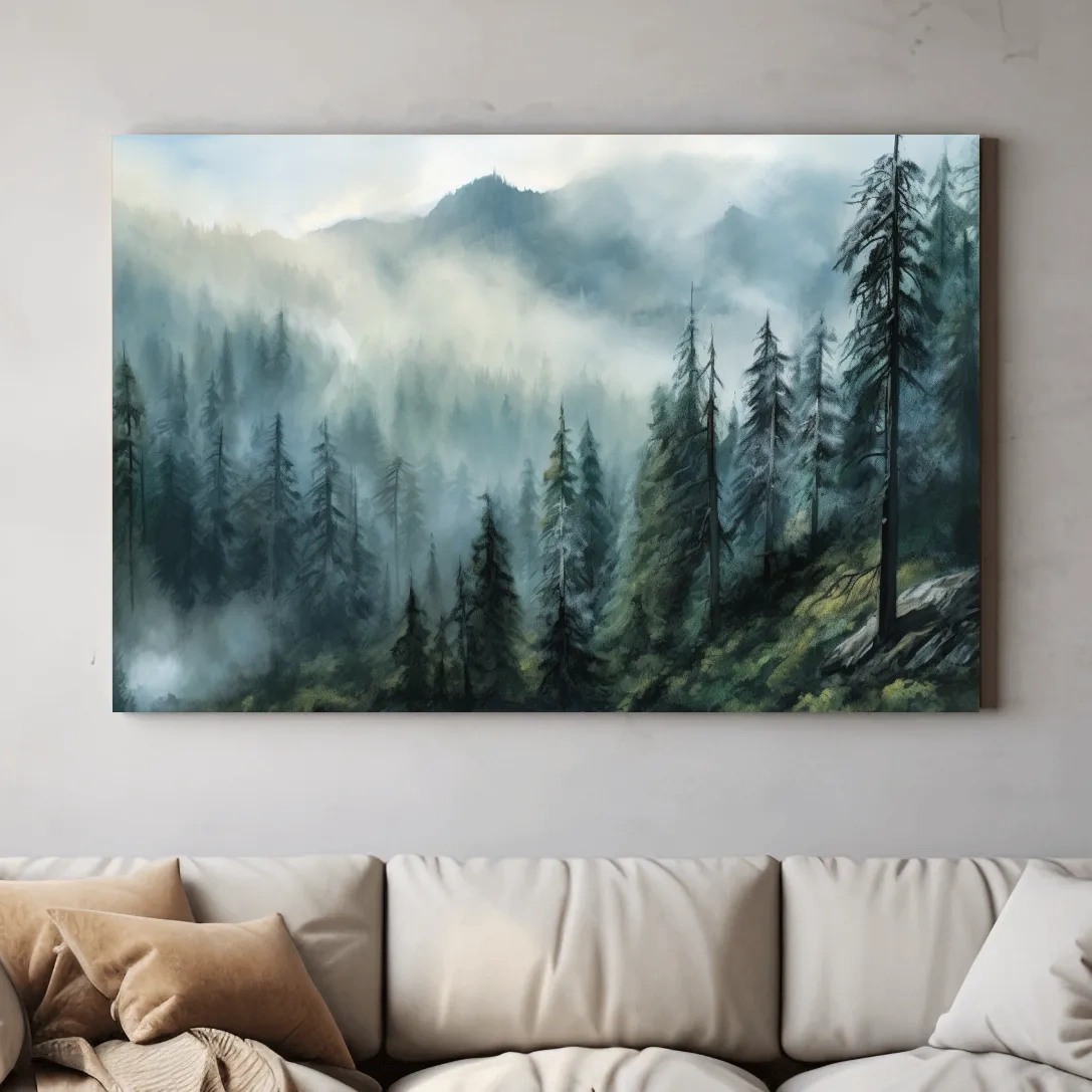 Painting of a foggy forest and mountains