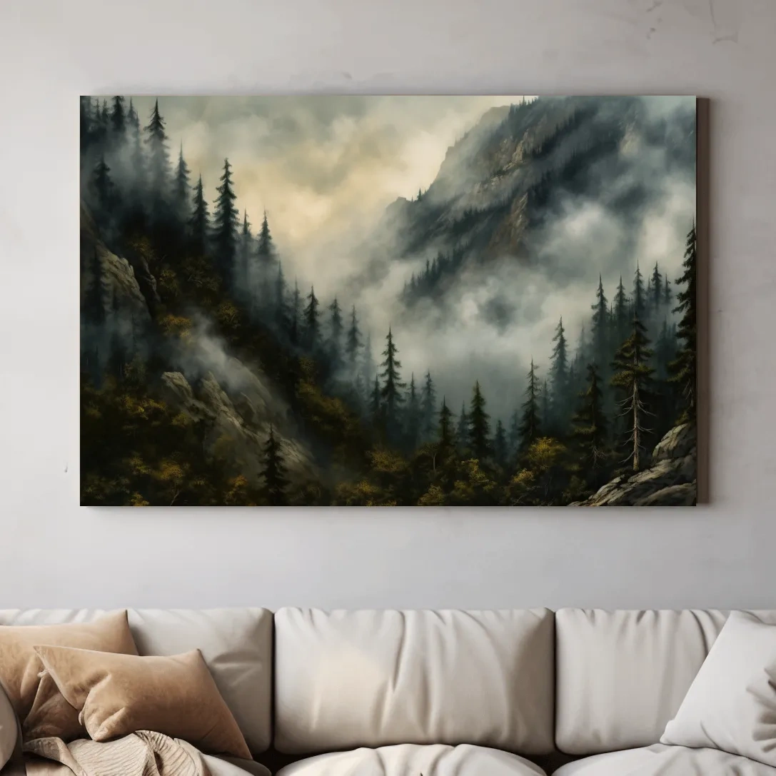 Painting of fog rolling through the trees and mountains, foggy forest artwork