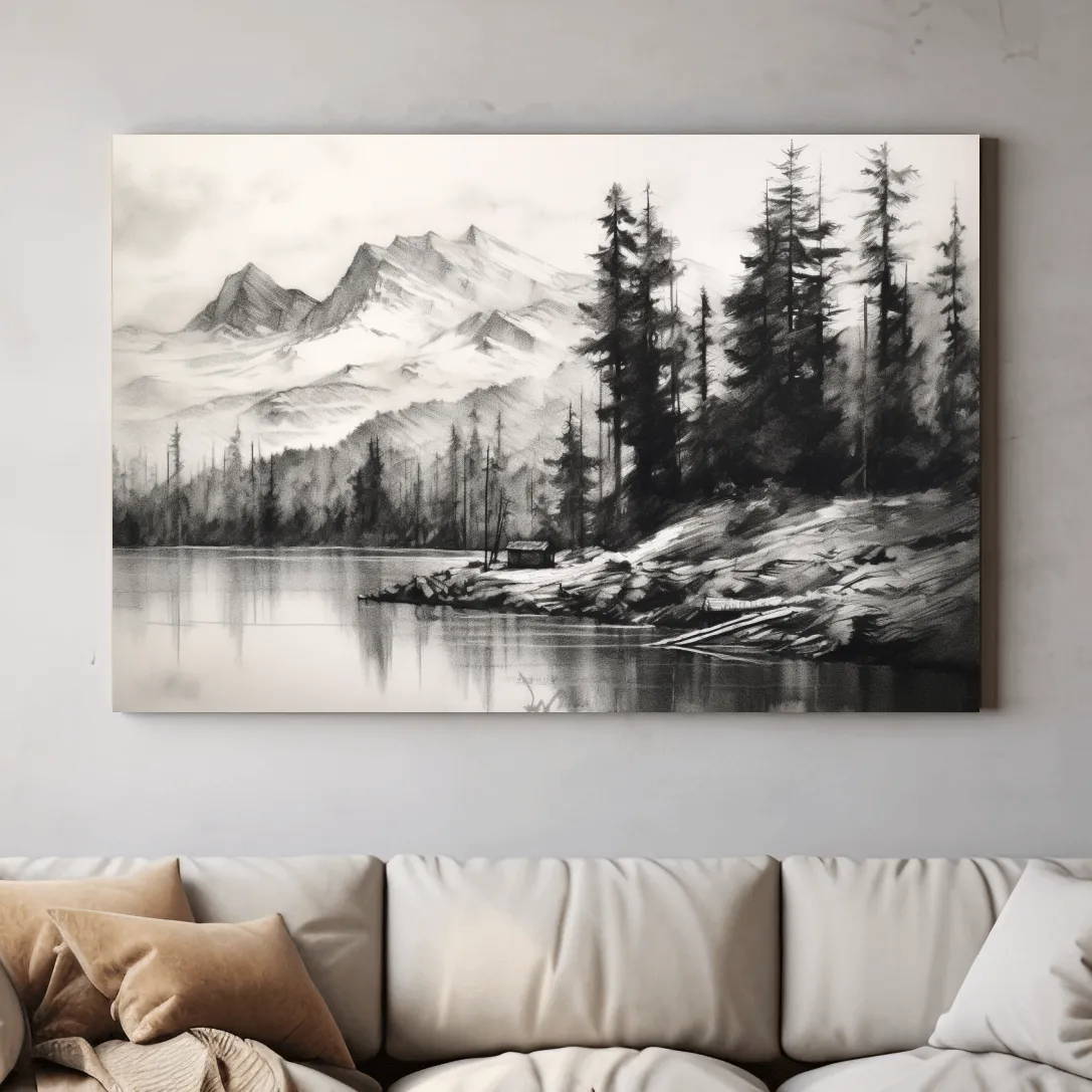 Charcoal drawing of mountains and a lake