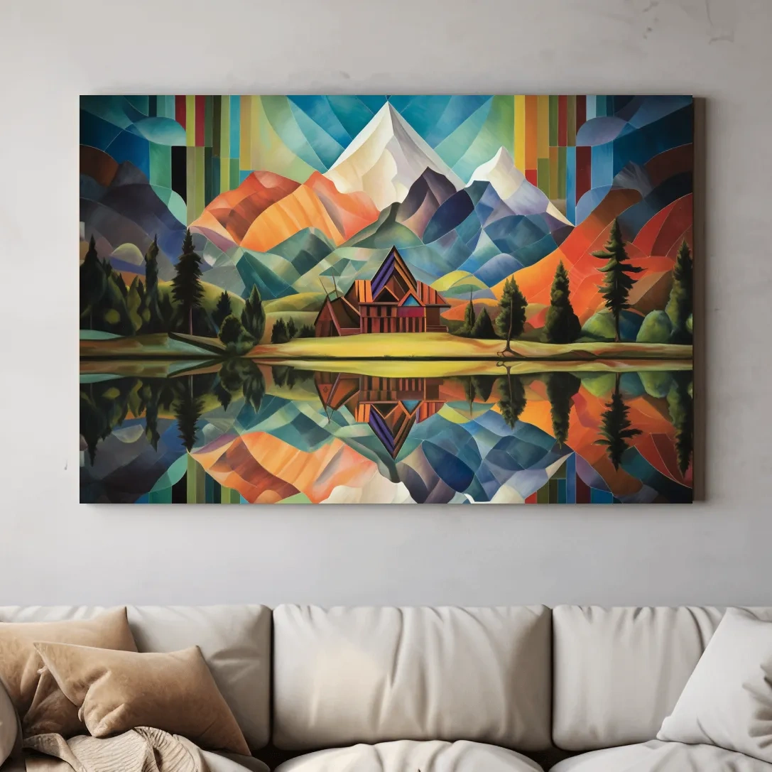 Abstract oil painting of a cabin by a lake, mountain scenery