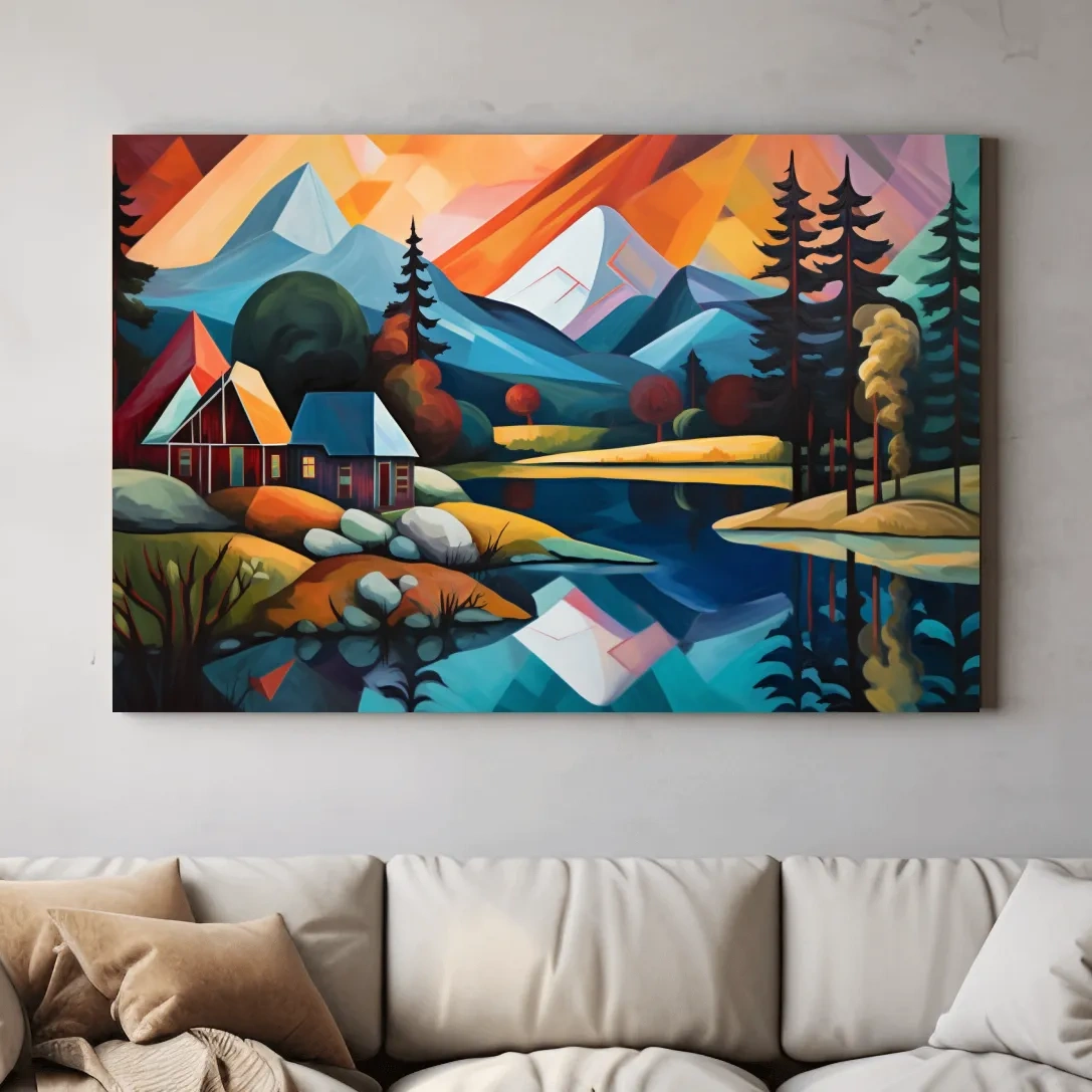 Vibrant Geometric Mountain Lake Cabin Oil Painting - Modern Abstract Wall Art