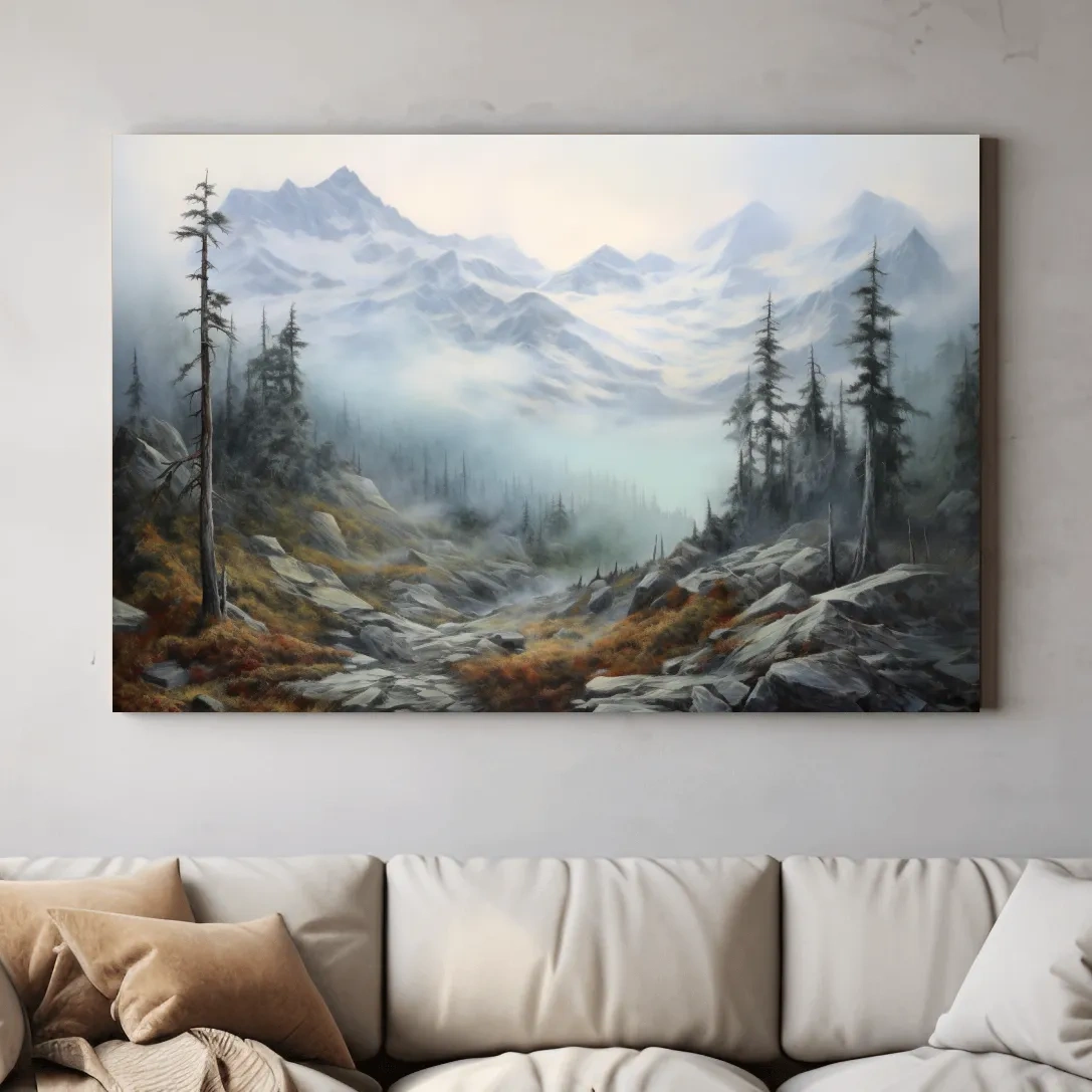 Painting of fog rolling through an alpine scene