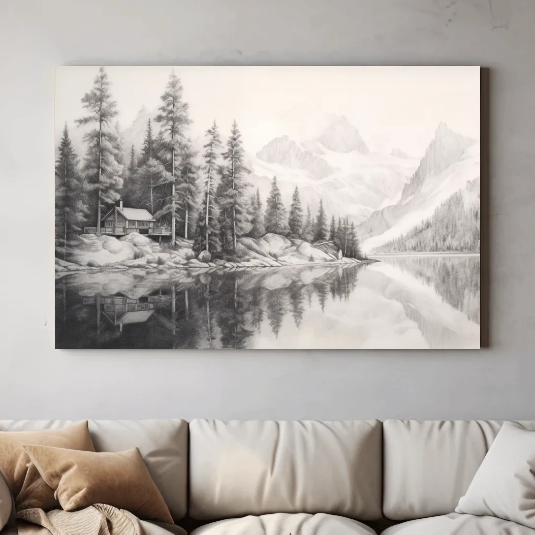 Lead pencil drawing of a cabin by a glacial lake