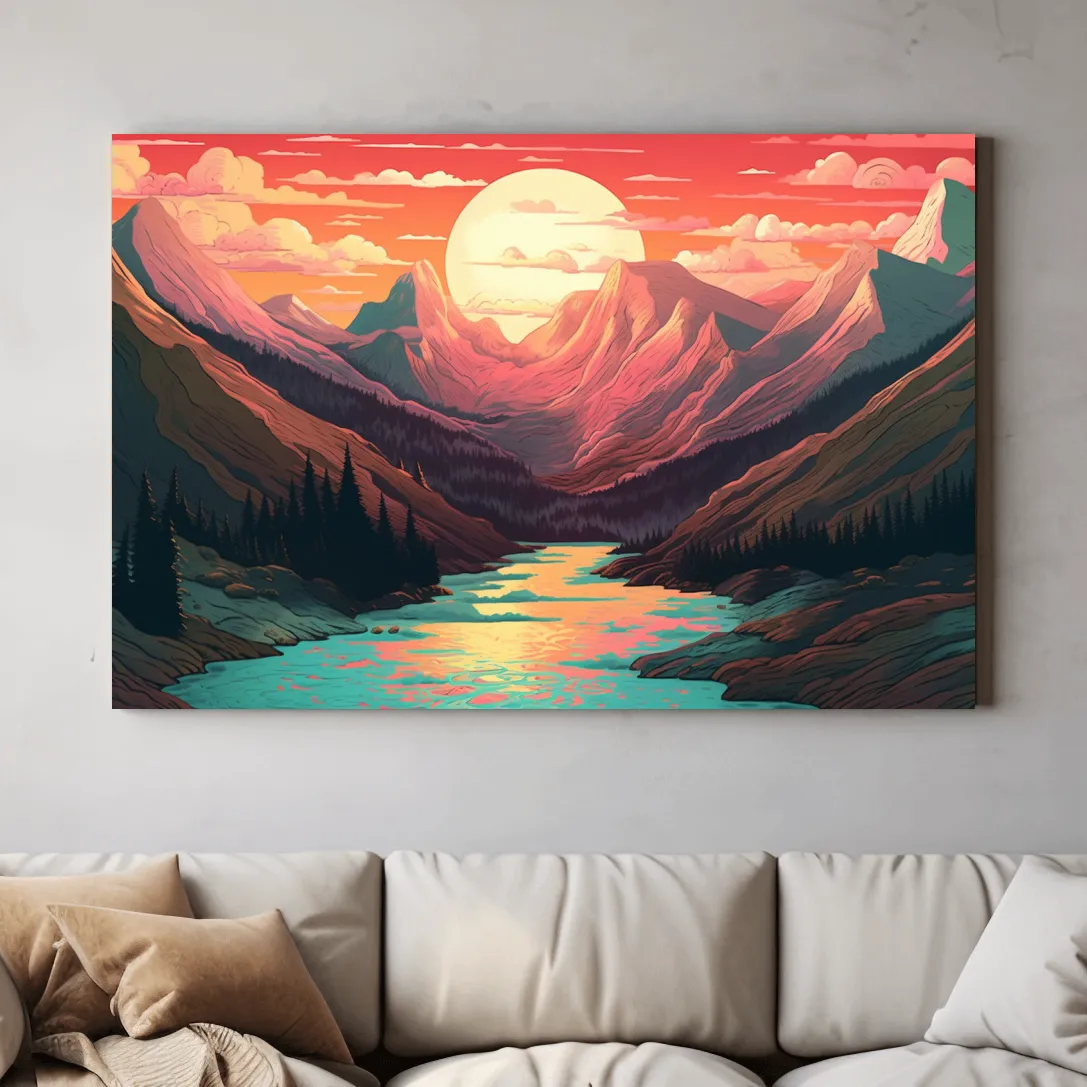 Illustration of a mountain landscape at sunset