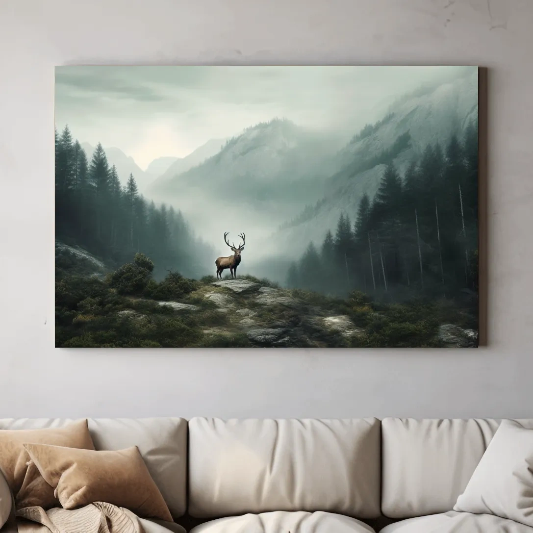 Painting style artwork of a majestic deer standing in the fog