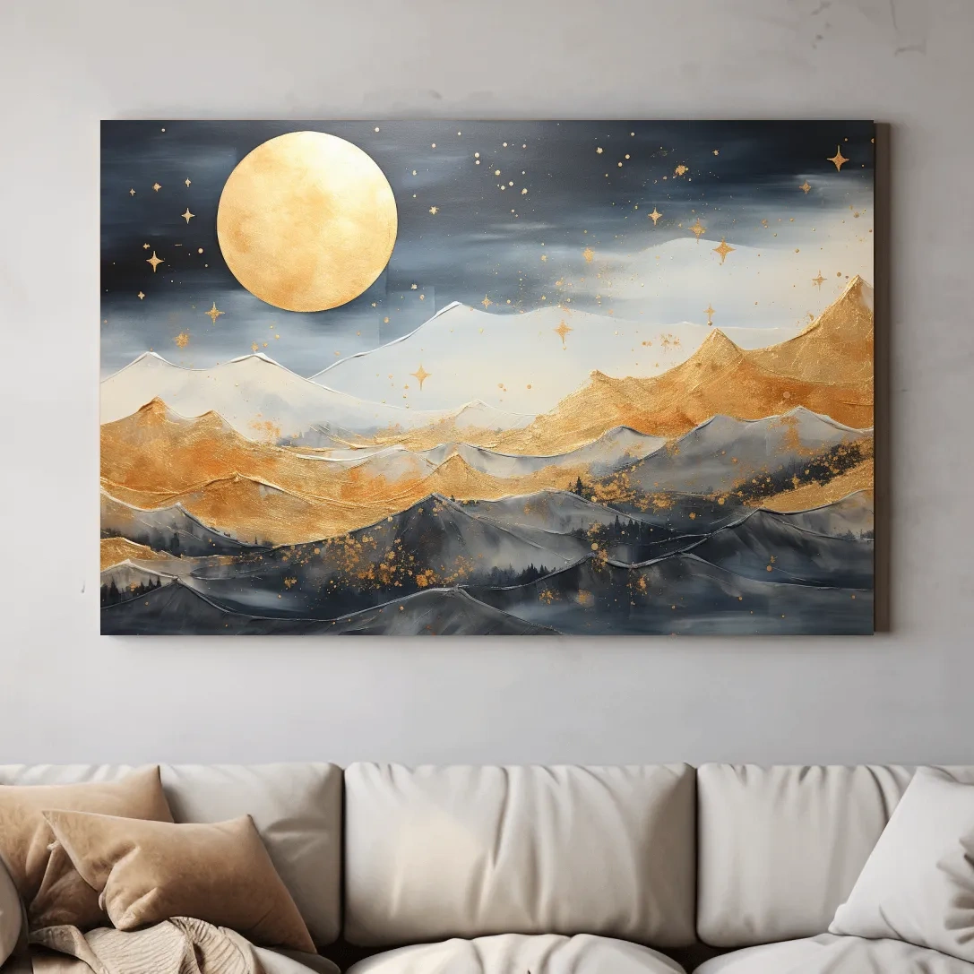 Elegant gold painting of mountains under the stars