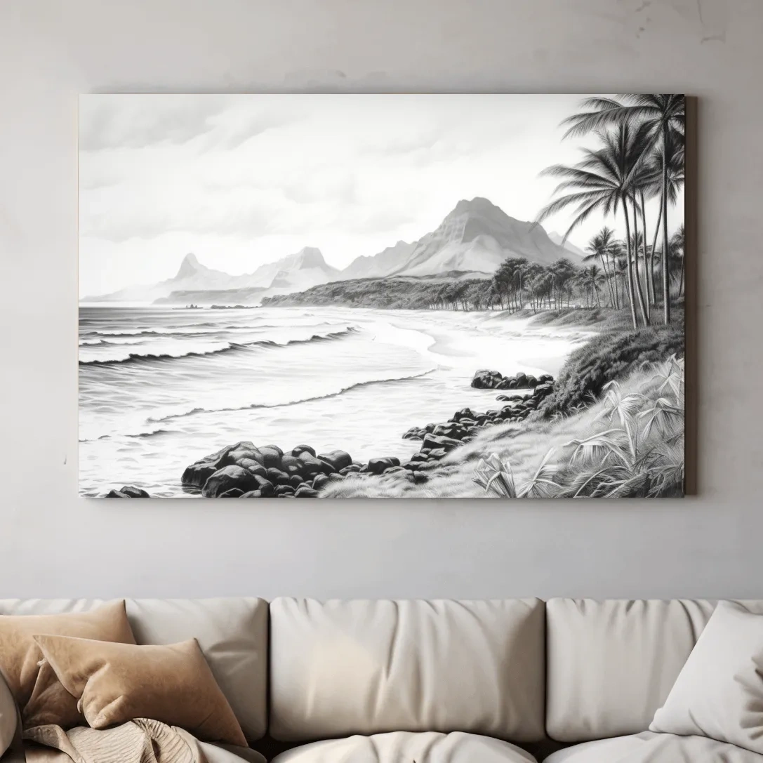 Black and white drawing of a tropical beach mountain scene