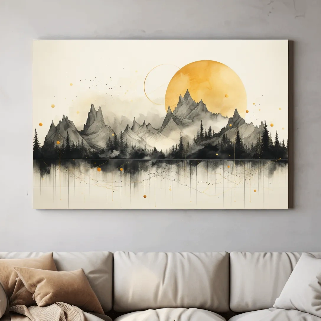Drawing of jagged mountain peaks under the sun