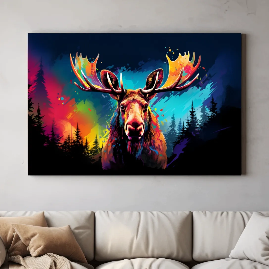 Vibrant Abstract Retro Moose Portrait - Colorful Splash Paint Wildlife Wall Art