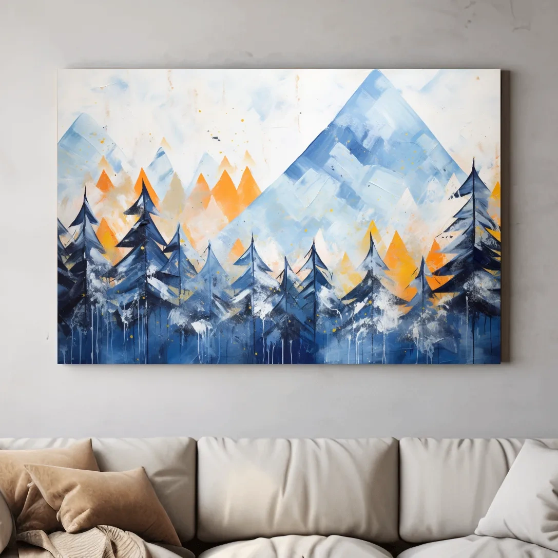 Simple blue and orange abstract mountain painting