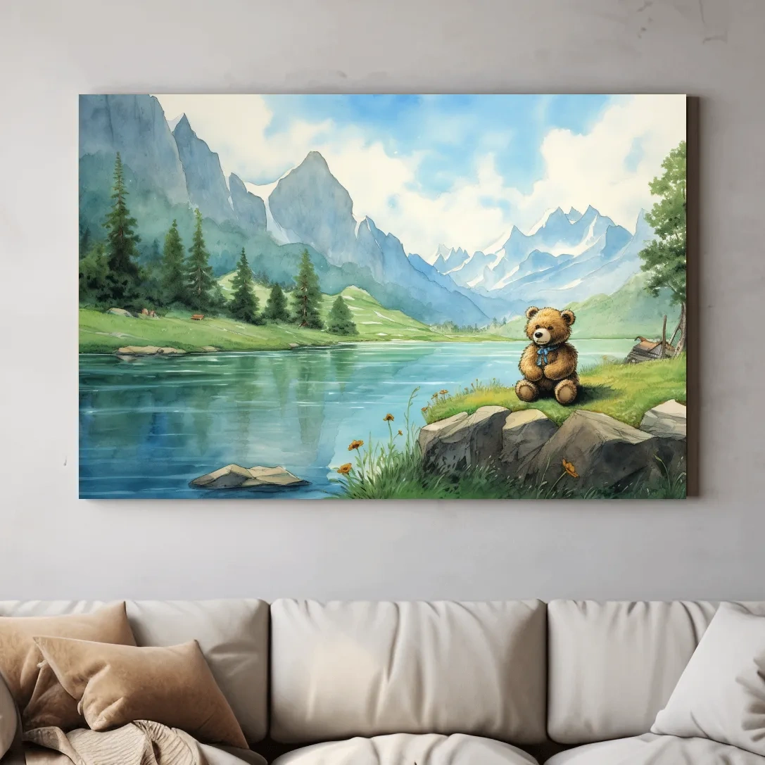 Childrens painting of teddy bear in the mountains