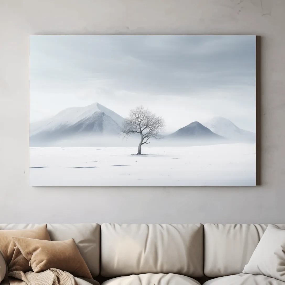 Minimal art, painting of a tree in the snow