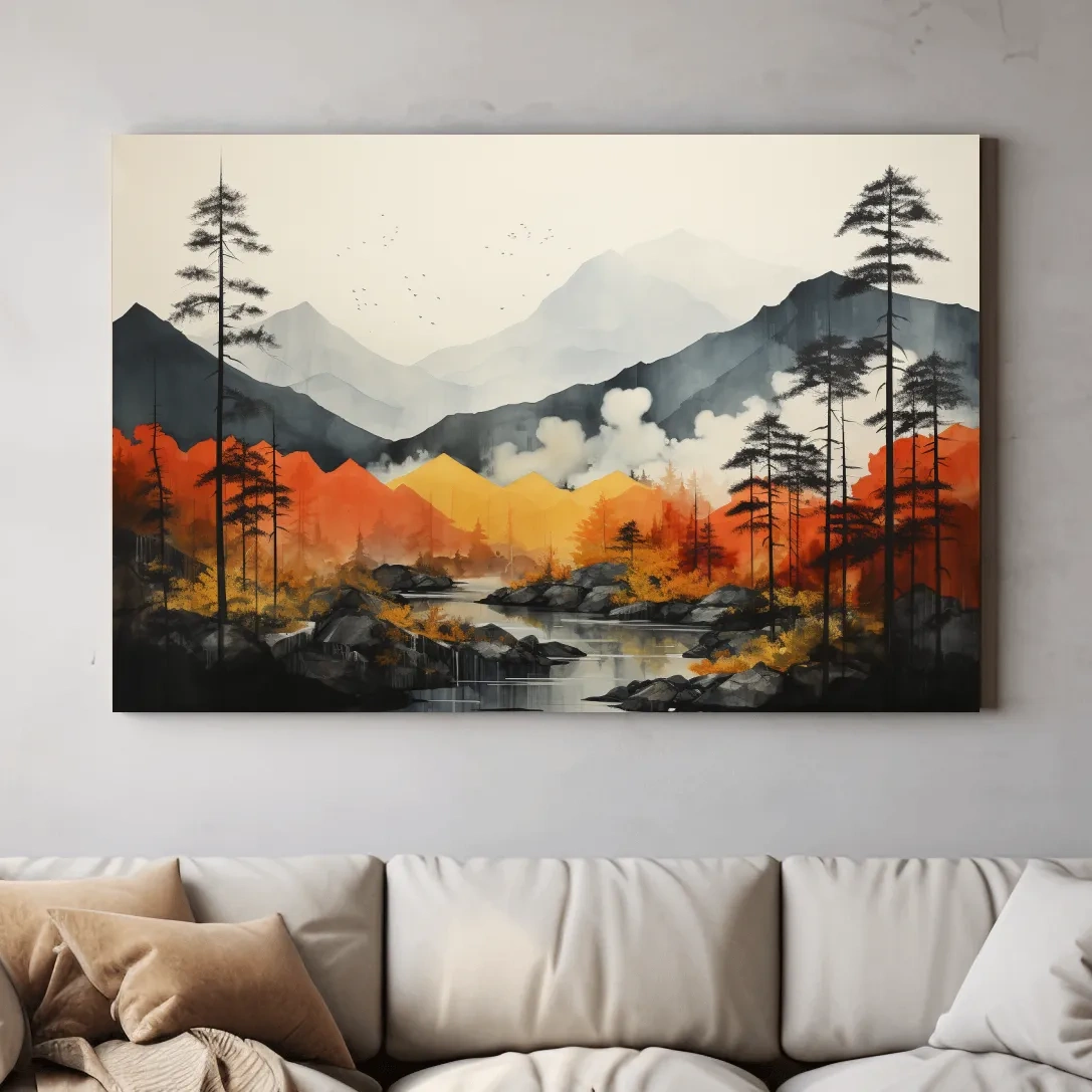 Surreal Mountain Lake Landscape - Autumn Forest Watercolor Wall Art