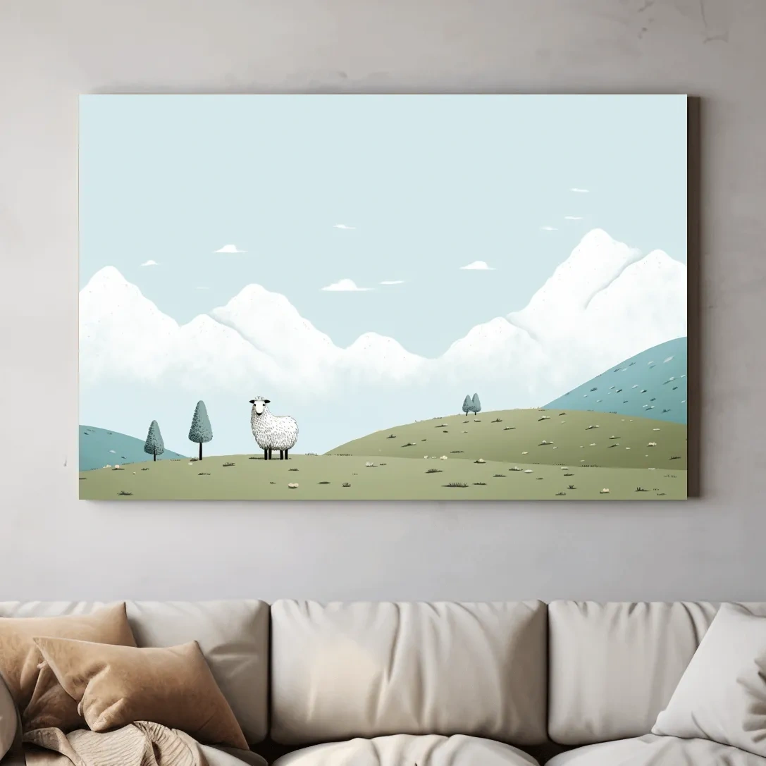 Illustration of a sheep in an alpine landscape