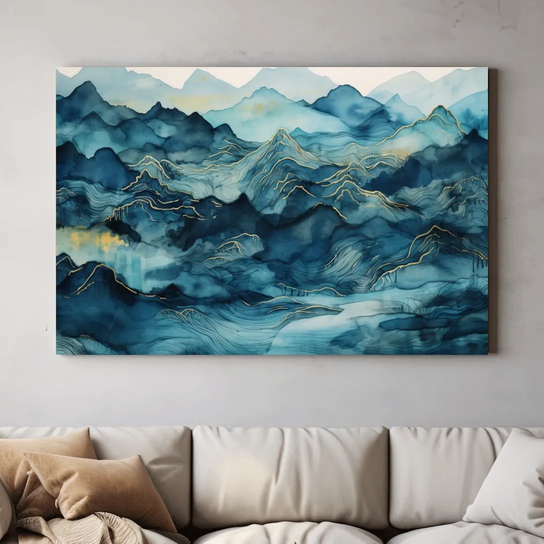 Watercolor Mountain Range With Gold Linework - Abstract Landscape Wall Art
