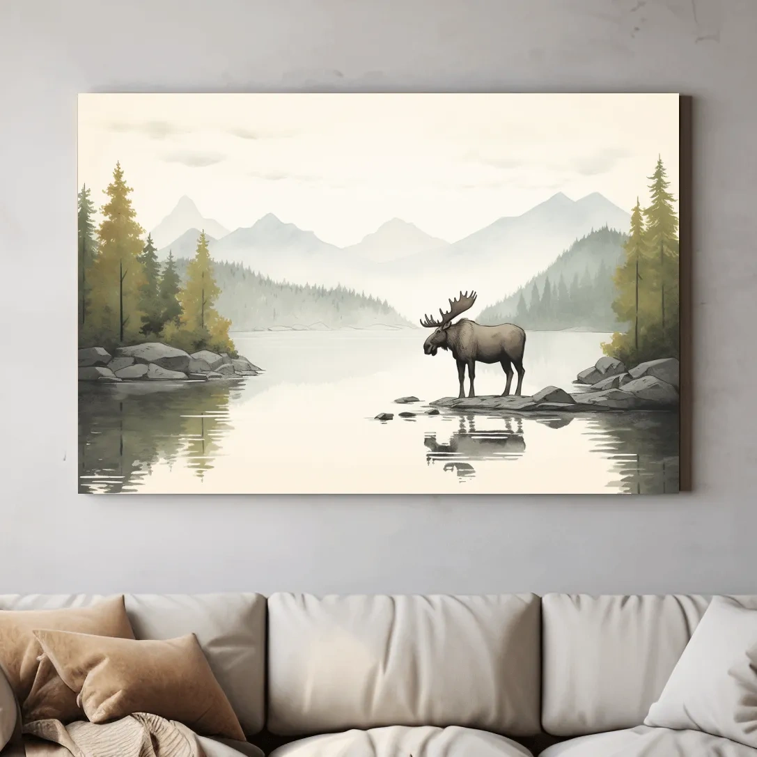 Childrens nursery illustration of a moose by a lake